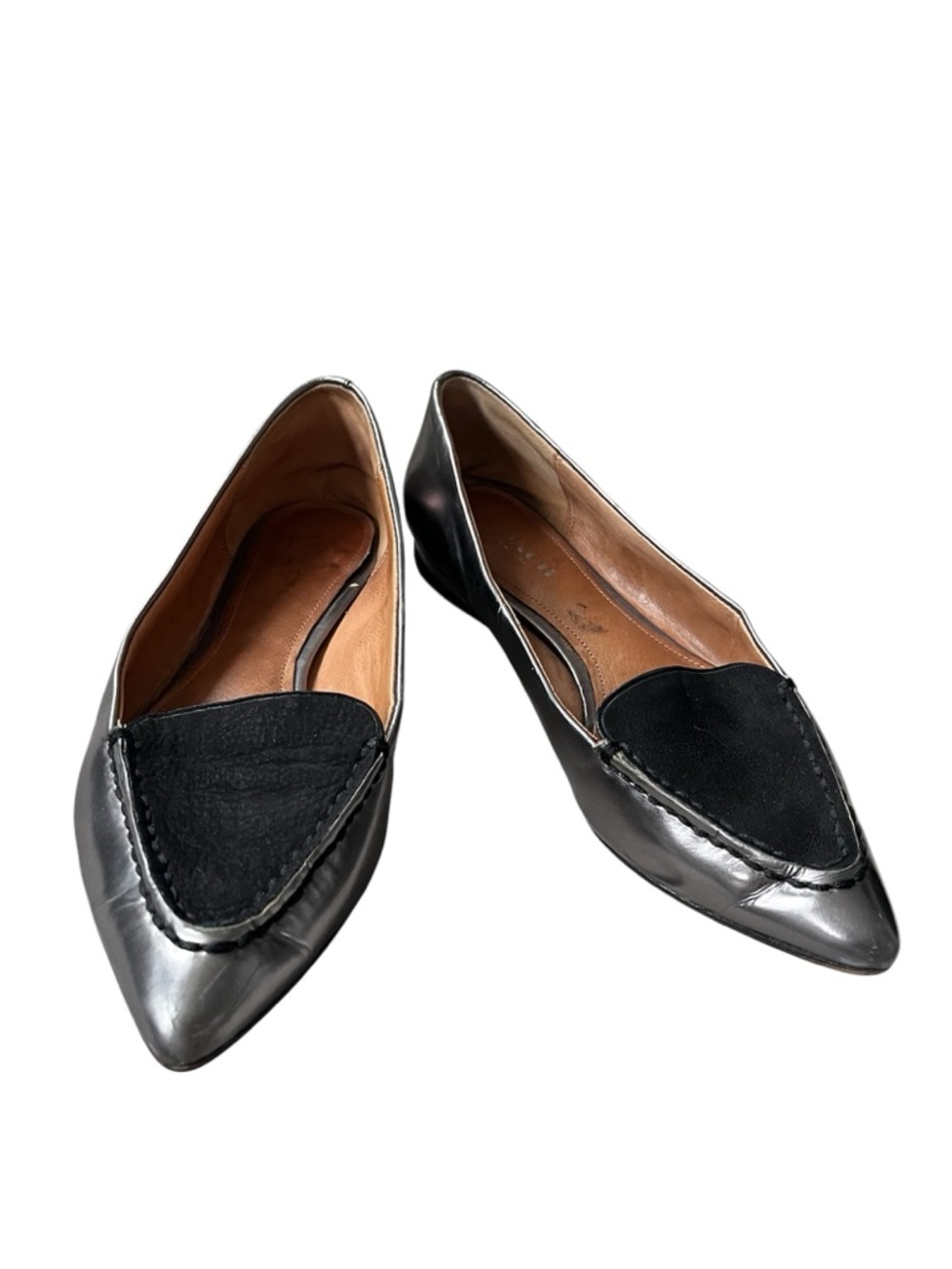 Coach Walsh Silver Metallic Mirror Leather Black Suede Pointed Toe Flats Size 5B